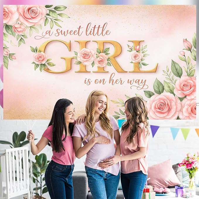 7x5ft Pink Floral Girl Baby Shower Decorations, A Sweet Little Girl is on Her Way Baby Shower Party Backdrop, Photography Background Banner for Gender Reveal, Maternity Photo Booth