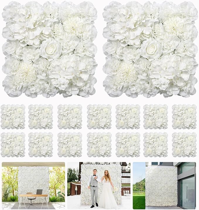 Artificial Flower Wall Backdrop 16pcs 16.5x16.5 Inch Silk Rose Floral Wall Panel Ideal for Wedding Celebrations, Festive Party Backdrops, and Elegant Home Decor-White