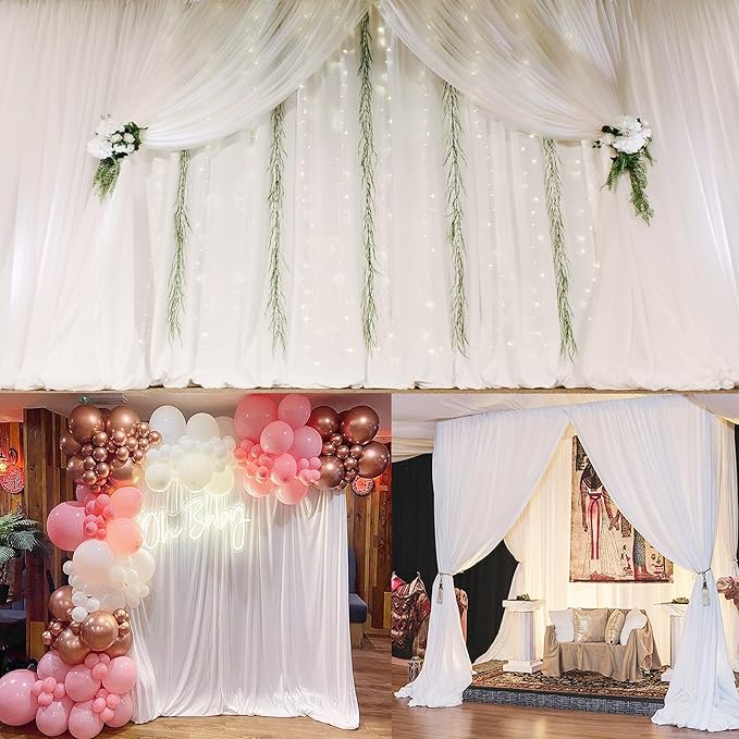 White Backdrop Curtains 2 Panels, 10 Feet Wrinkle-Free Polyester Photography Backdrop Drapes for Wedding Baby Shower Party Background Backdrop Stand- 8FTX10FT (White)