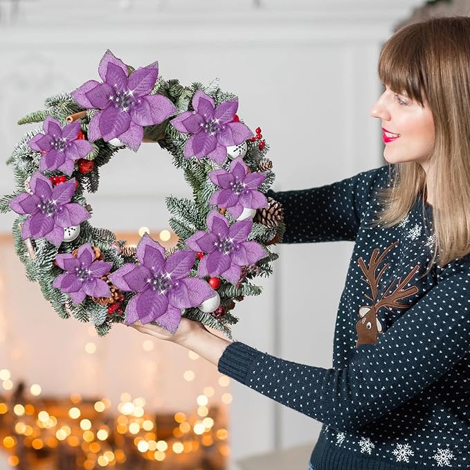 WILLBOND 24 Pcs 3 Size Poinsettia Flower Artificial Christmas Decor Glitter Poinsettia Christmas Ornaments Faux Flowers for Xmas Tree Outdoor(3.2/4/6 Inches,Purple)