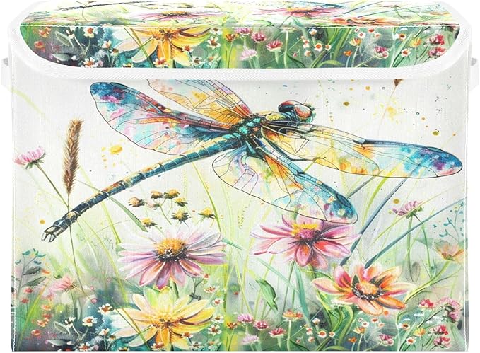 senya Baskets Collapsible Storage Bins with Lids, Dragonfly Wildflowers Painting Storage Boxes Clothes Baskets for Organizing, B06D22020