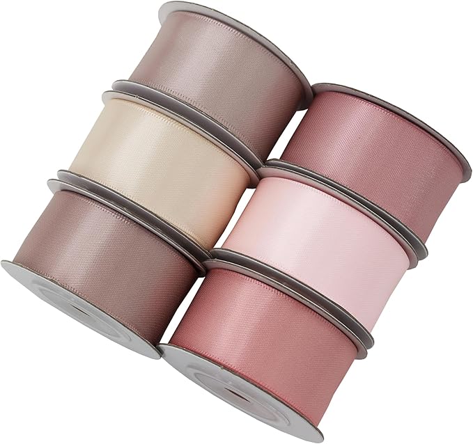 Double-Face Pink Satin Ribbon for Gift Wrapping, Wedding, Baby Shower, Mother's Day & More - 1" X 5 Yard Each, Total 30 Yds Per Package