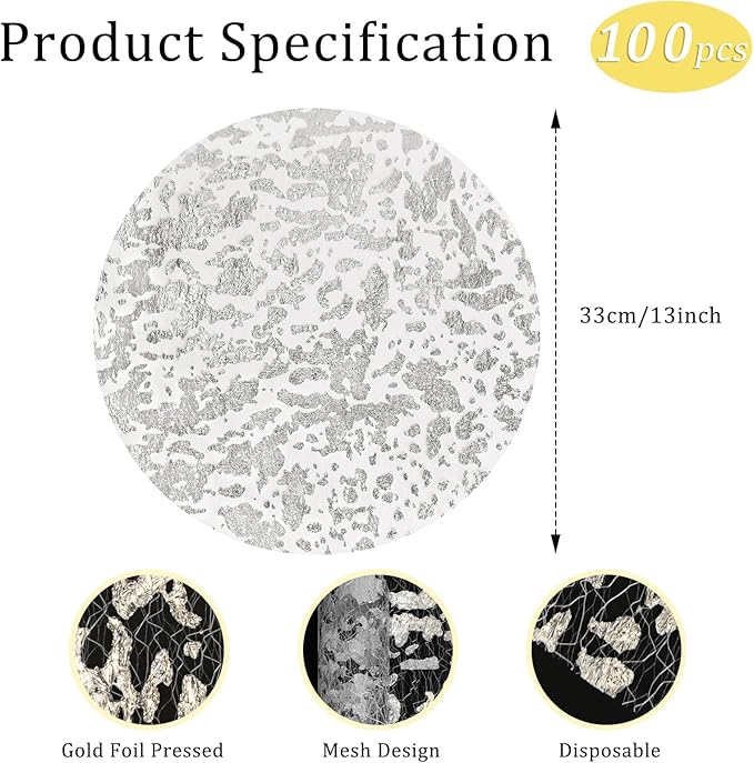 Hysenm 100 Pcs Disposable Silver Placemats Set Metallic 13 Inch Round Foil Mesh Pressed Table Doilies, Ultra-Thin Disposable Placement Mats for Home Decoration Dining Table Wedding Birthday Party