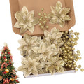 24 Pcs Gold Boxed Christmas Poinsettia Flowers Set, 16 Pcs Artificial Poinsettias with Clips, 8 pcs Glitter Christmas Tree Ornaments Berry Stems for Wedding Home Holiday Xmas New Year Decorations