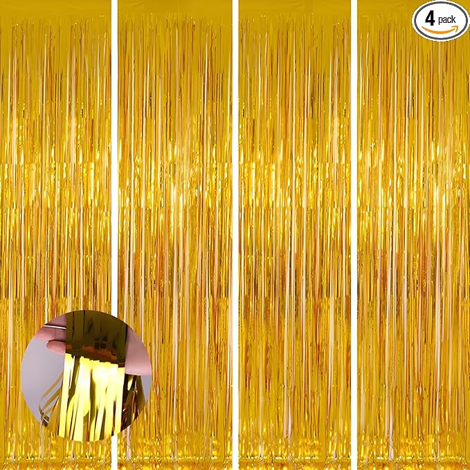 Keyali 4 Pack 3.3 * 8.3 ft Foil Curtain Metallic Tinsel Fringe Curtains Photo Booth Props Backdrop for Birthday Wedding Engagement Baby Shower Christmas Holiday Celebration Partyl,Gold
