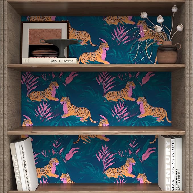 Tropical Contact Paper Tiger Wallpaper Peel and Stick Vintage Animal Wall Paper for Bedroom Bathroom Drawer Counter Cabinet Renter Friendly 17.5 x 78.5In