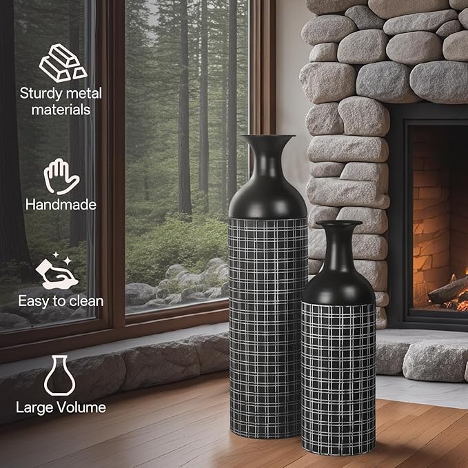 Tall Floor Vase Set of 3, Large Black Metal Vase with Minimalist White Lines & Detachable Vases Mouth, Big Modern Decorative Vases for Living Room,Hallway,Dining Rooms,Office,Kitchen.