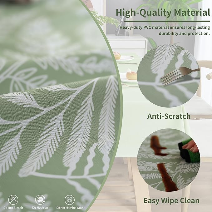 Rectangle Table Cloth,100% Waterproof Tablecloth Oil Proof Spill Proof Vinyl Table Cloth, Wipe Clean Plastic Table Cover for Dining, Camping, Indoor and Outdoor 54" x 120",Green Leaves