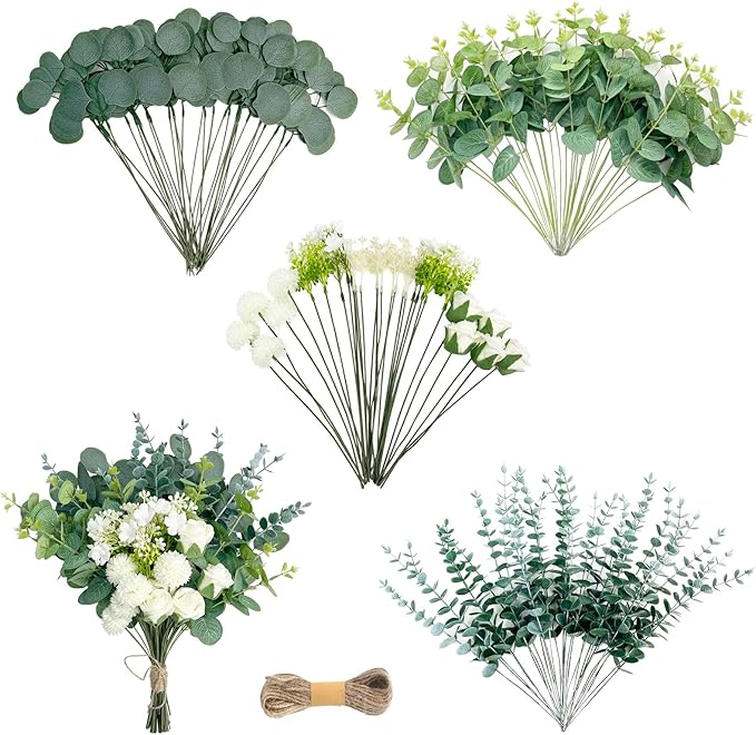Artificial Greenery Stems Set 110 Pcs 8 Kinds of Faux Eucalyptus Stems and Flowers Fake Silver Dollar Eucalyptus Leaves Stems Bulk for Wedding DIY Bouquets Vase Table Centerpieces Decor