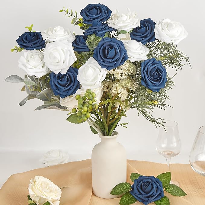 Artificial Flowers, 25pcs Blue and White Fake Flower for DIY Wedding Bouquets Centerpieces Arrangements, Artificial Rose with Stem for Party Home Decorations
