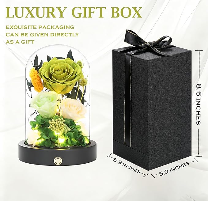 Preserved Flowers in Glass Dome with LED Light, Forever Flowers for Delivery, Eternal Roses Gifts for Women Mom Girlfriend Wife . Valentines Day Mothers Day Anniversary Birthday Gifts For Her(Green)