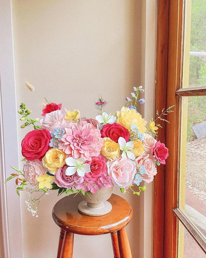 Roses Artificial Flowers Pink Yellow Fake Flower Bulk for Easter Spring Wreath DIY Wedding Bouquet Bridal Baby Shower Party Table Centerpiece Home Decorations Silk Floral Arrangements Fuchsia