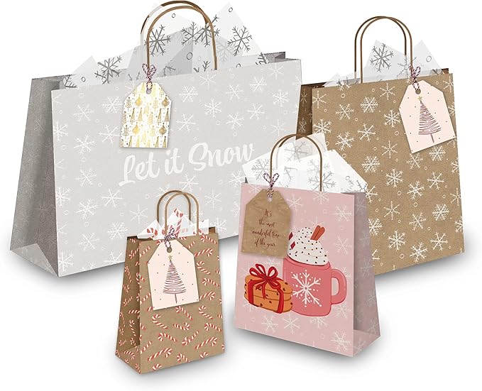 Pro Supply Global 24 Count of 2.5 Inch x 3 Inch Pre Strung Gold Christmas Trees Gift Tag Assorted Printed Designs on Large Cardstock Gift Hang Tags - Ideal to Use on Bags