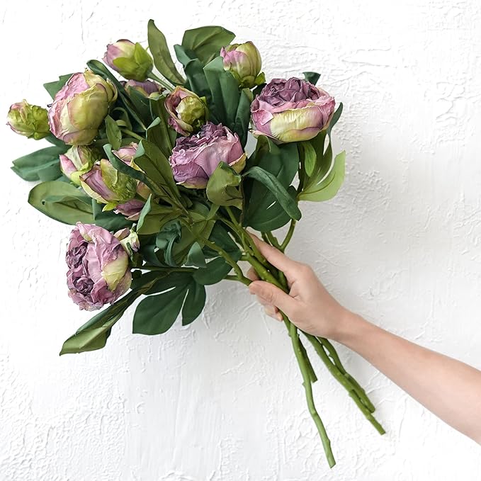 FiveSeasonStuff Vintage Purple Peonies – Realistic Artificial Silk Flowers with Dry-Look Petals, 6 Stems for Rustic Home & Wedding Floral Arrangements