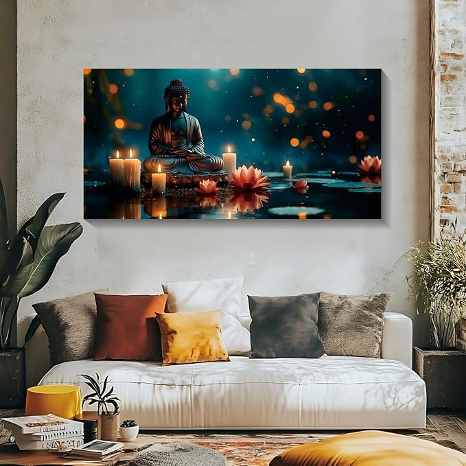 Iallbin Buddha Wall Art & Zen Wall Decor, White Lotus on Water Canvas Painting - for Yoga Meditation Room, Spa & Bathroom, Blue Art Deco Style, 48x24 Inches
