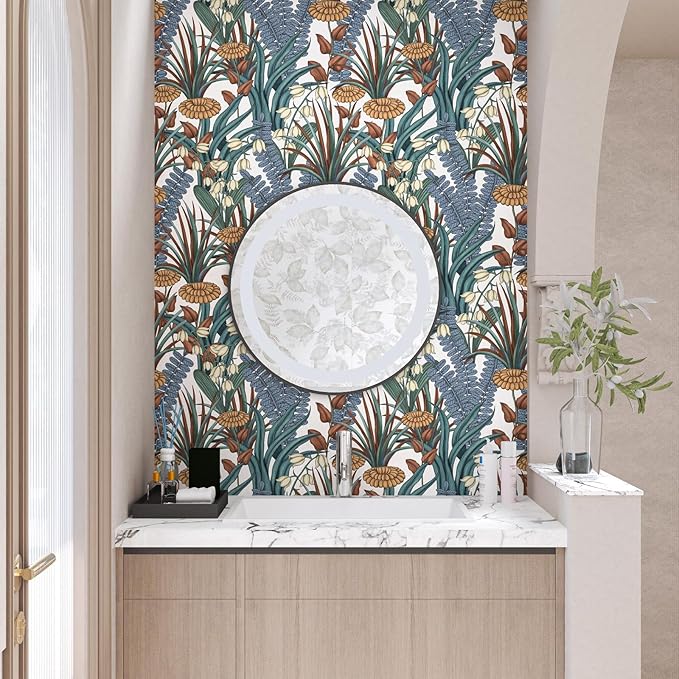 Boho Floral Peel and Stick Wallpaper, Vintage Botanical Contact Paper, Self Adhesive Wall Mural 17.5" x 118" Tropical Wall Paper Waterproof Removable for Bedroom Walls Cabinet (White, Orange, Blue)