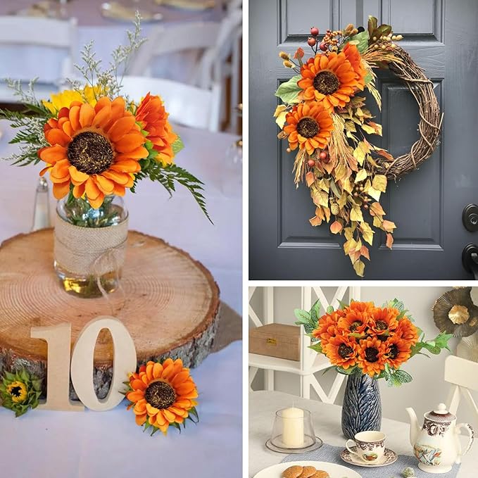 20 PCS Fake Silk Sunflowers Artificial Flower with Stems for Home Wedding Party Centerpieces Decoration Bridal Bouquets Tables Floral Arrangements Wreath DIY Art Crafts Decor (Orange)