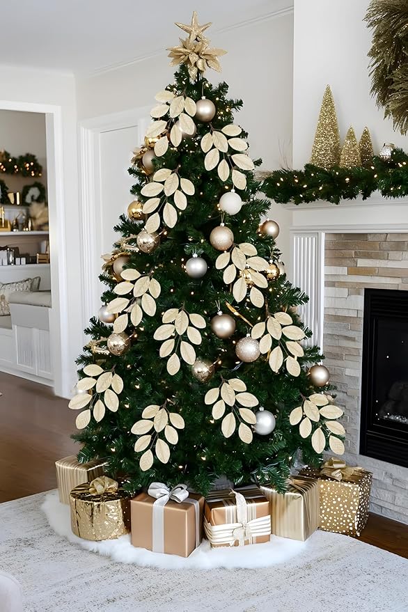 Briful Champagne Magnolia Leaves Branches, 6 Pack 28.7in Faux Magnolia Leaves Stems Artificial Christmas Greenery Branches for Xmas Home Vase Floral Arrangement