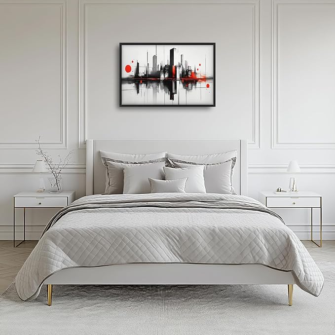 Black White Red City Wall Art City Skyline Pictures Wall Decor Large Abstract Canvas Prints Painting Framed Artwork Decoration Above Bed for Bedroom Living Room Gallery Office 36"x24"