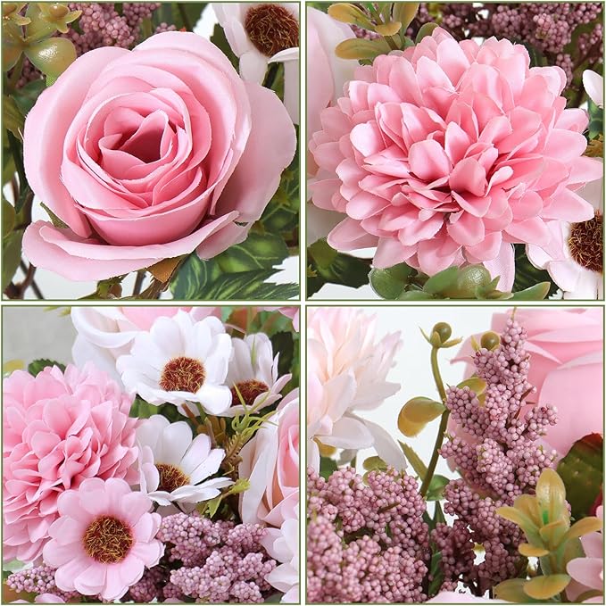 Dremisland Artificial Flowers Like Real Artificial Bouquet 4 Packs Silk Artificial Roses Bouquet with Daisy Chrysanthemum Pink Flowers for Centerpiece Table Wedding Party Home Decor