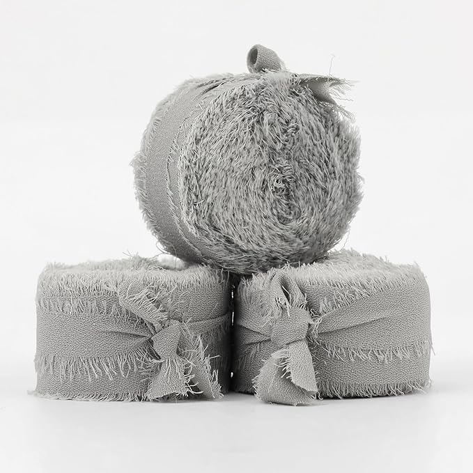 MEEDEE Silver Chiffon Ribbon 1 Inch Frayed Ribbons Gray Chiffon Silk Grey Fringe Ribbon Thin Chiffon Ribbons for Crafts, Gift Wrapping, Wedding Invitation (3 Rolls 21 Yards)