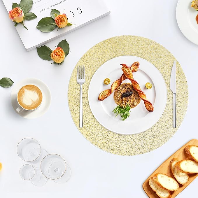 Hysenm 50 Pcs Disposable Gold Placemats Set Metallic 13 Inch Round Foil Mesh Pressed Table Doilies, Ultra-Thin Disposable Placement Mats for Home Decoration Dining Table Wedding Birthday Party