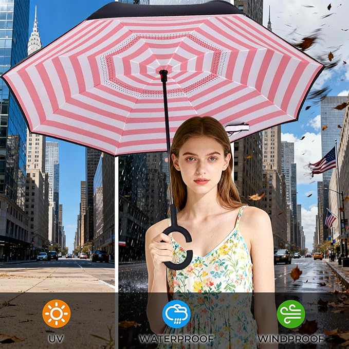 Inverted Umbrella, 49 Inch Double-Layer Vented Reverse Umbrella, Windproof Waterproof UV Protection, Lightweight C-Handle, Fiberglass Ribs, Steel Shaft, Travel/Commute/Car Use, With Sleeve