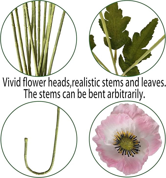 ATFL Pink Poppy Flowers Artificial for Wedding Decorations,12 Pcs Fake Faux Silk Poppies Bulk for Home Decor Table Centerpieces Floral Arrangement(23.5‘’, Pink)