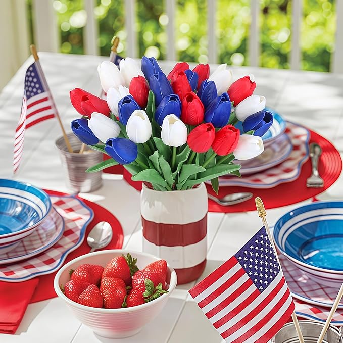 SITUMEIZI 15pcs 4th of July Flowers Tulips Fake Artificial Flowers Silk 14" Patriotc Flower for Independence Day Home Decor Kitchen Floral Arrangements Table Centerpieces(Mix,3)