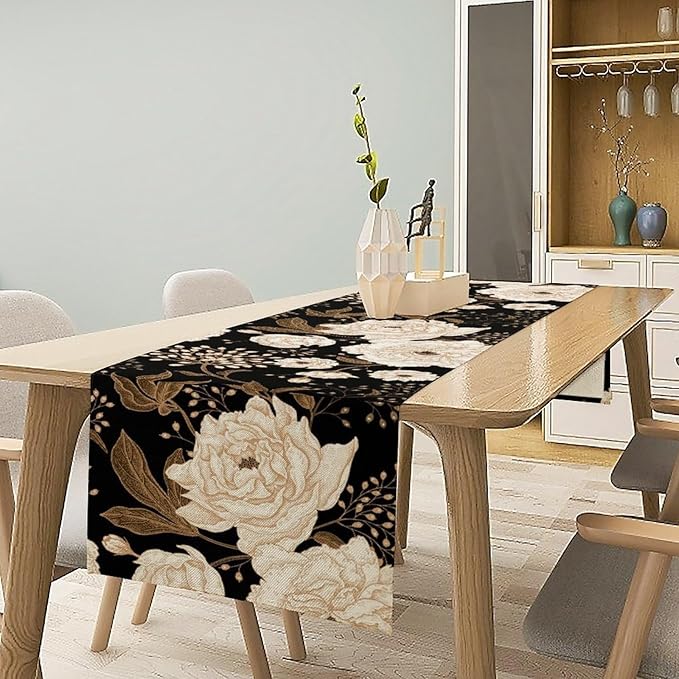 Vintage Flowers Table Runner,Black Gold Peony Rose Print Table Runner for Home Kitchen Table Dining Indoor Outdoor Party Decor 13x120 Inch