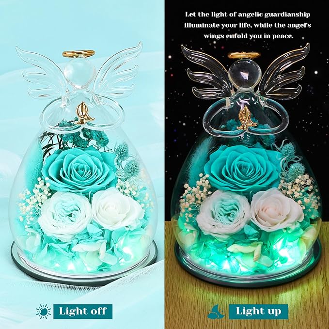FIACO Gifts for Women Birthday Preserved Rose Forever Flower in Glass Angel Figurines Fresh Flowers for Delivery Prime for Mom Real Roses for Grandma Sister Wife Her from Daughter