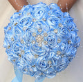 Bridal Wedding Bouquet Round Bling Brooch Bouquet Throw Toss Artificial Rose Flower Bunch for Bride Bridesmaid Wedding Quinceanera(Light Blue, 9.8")
