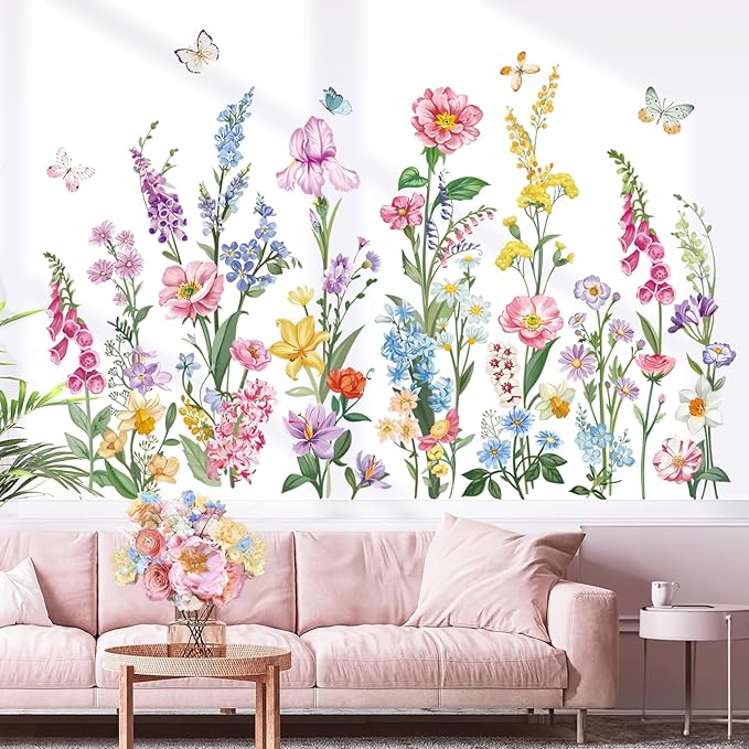 wondever Garden Flower Wall Stickers Wildflower Iris Daisy Floral Butterflies Peel and Stick Wall Art Decals for Bedroom Living Room Sofa