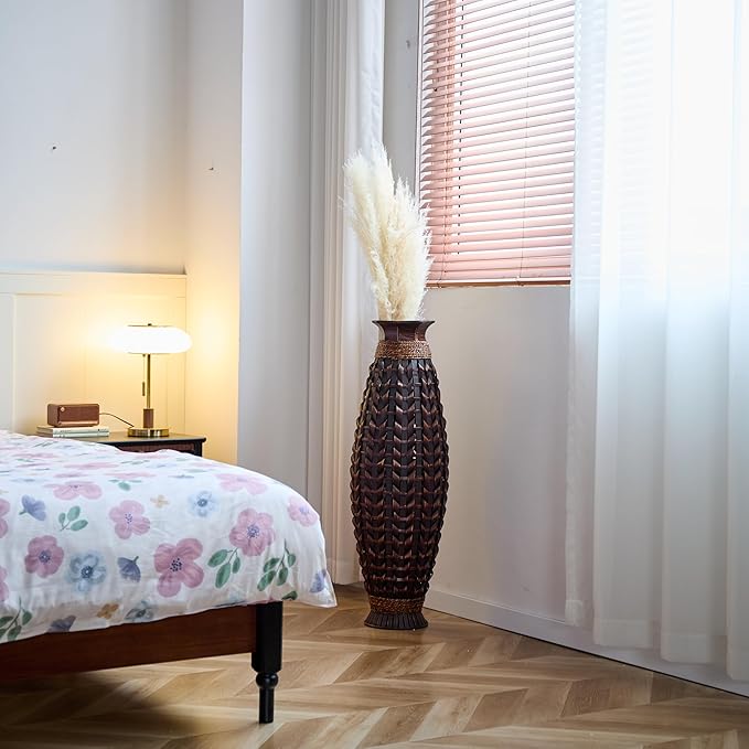 Large Hand-Woven Bamboo Floor Vase, Tall Home Decor Floor Vase for Fake Flower Dried, Flower Holder for Living Room, Bedroom, Dining Room, Entryway, Hallway