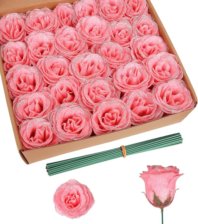 30PCS Glitter Roses Fake Peach Flowers Artificial Roses with Stems for Wedding Bouquet Party Christmas Home Decor(Peach with Silver Glitter)