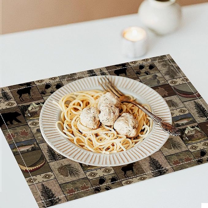 Retro Rustic Bears Deers Lodge Placemats Set of 4, Vintage Cabin Country Farmhouse Style Place Mats, Heat Resistant Non Slip Cotton Linen Dining Table Mats for Home Kitchen Party 18x12 Inch