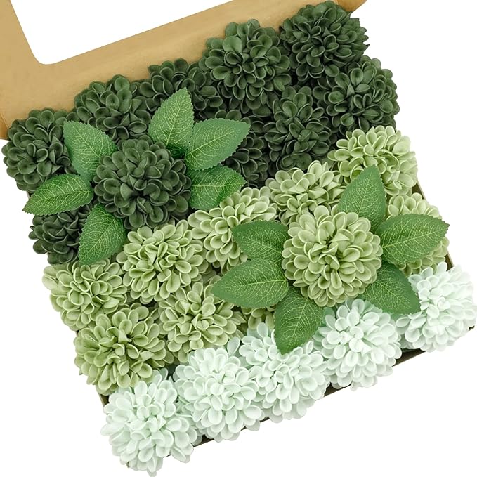 Artificial Flowers, 100pcs Realistic Artificial Rose for DIY Wedding Bouquets Centerpieces Arrangements, Emerald Green Shades Dahlia Flowers with Stem for Bridal Shower Party