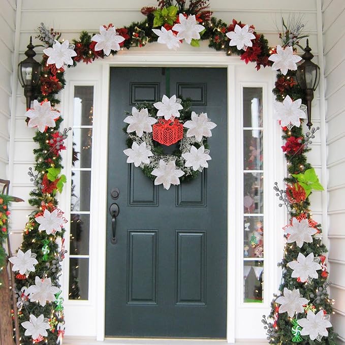 24 Pcs White Boxed Christmas Poinsettia Flowers Set, 16 Pcs Artificial Poinsettias with Clips, 8 pcs Glitter Christmas Tree Ornaments Berry Stems for Wedding Home Holiday Xmas New Year Decorations