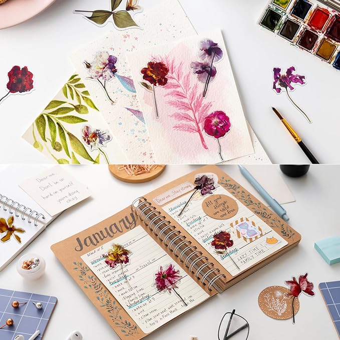 Transparent Flower Stickers for Scrapbooking PET Nature Plant Stickers Floral Stickers Vintage Craft Sticker Colorful Small Flower Sticker for Journaling Scrapbooking Clear Flower Decals(Style C)
