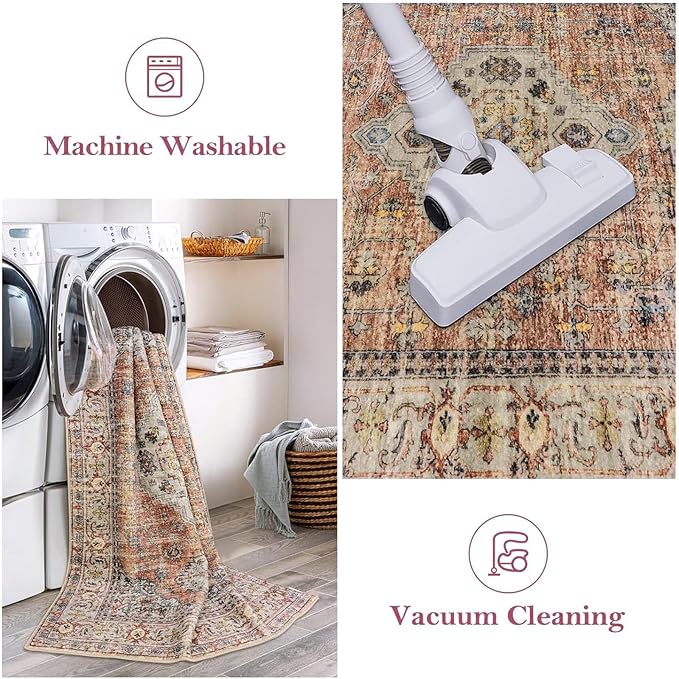 Lahome Oriental Kitchen Runners for Hallways, 2.5x12 Washable Runner Rug Non Slip, Soft Hallway Rug Distressed Ultra-Thin Long Carpet for Bathroom Entryway ‎Bedroom, Peach/Orange
