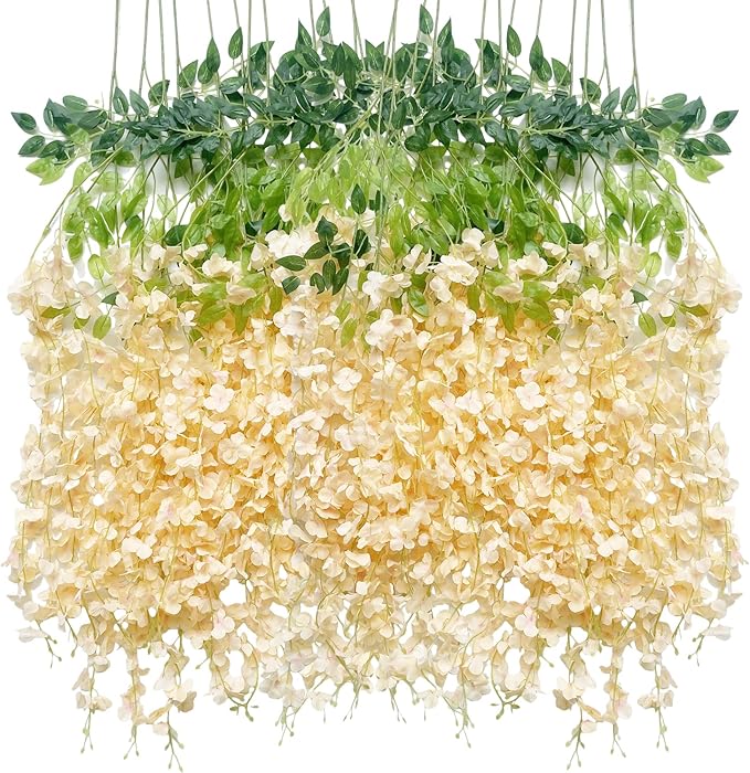 Artificial Wisteria Hanging Flowers-Fake Wisteria Flower Garland Silk Vines Rattan Decor for Home Wedding Arch Wall Garden Greenery Bedroom Outdoor Office Party Decoration (12, Champagne)