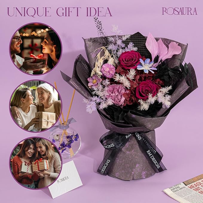 Rosaura Preserved Flowers Bouquets, Natural Real Roses for Delivery Prime, Forever Rose Bouquets Valentine's Day, Mother's Day, Christmas, Birthday Gifts-Dark Purple (with vase)