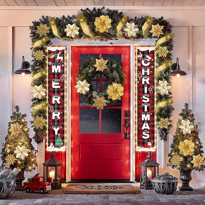 RECUTMS 72 Pcs Poinsettia with Snowflakes & Ribbon, 9 Designs Glitter Gold Artificial Christmas Flowers for Xmas Tree & Wedding Wreath Decor(Gold)