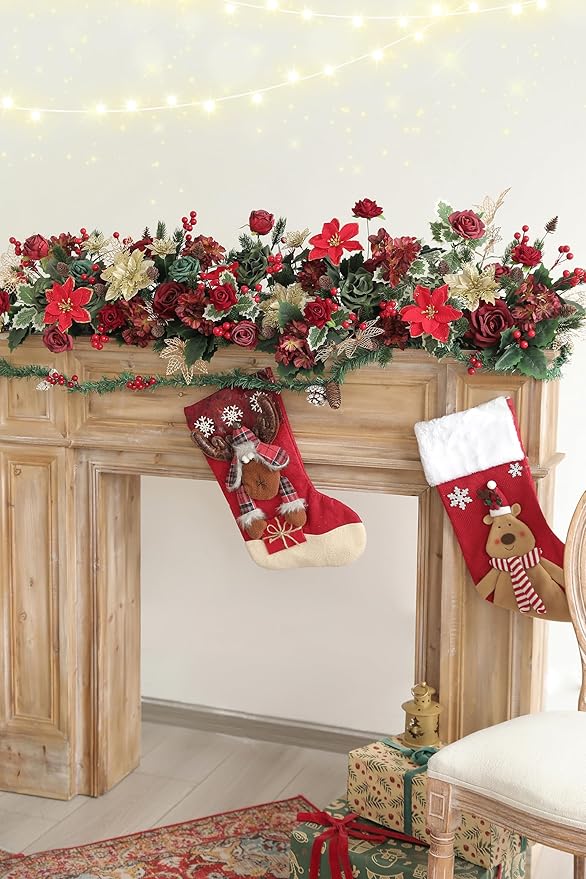 Artificial Christmas Flowers Mix Silk Flowers Fake Roses with Stems for DIY Bridal Bouquets Faux Flowers Centerpieces for Table Home Christmas Decorations