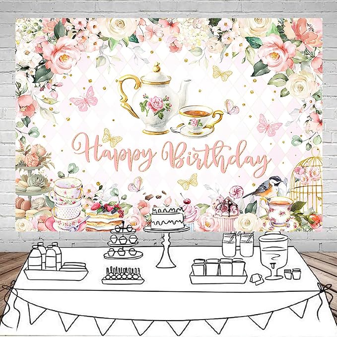Mocsicka Tea Party Happy Birthday Backdrop Floral Princess Tea Birthday Party Decorations Kids Wonderland Let's Partea Dessert Caketable Banner Photo Booth (8x6ft)
