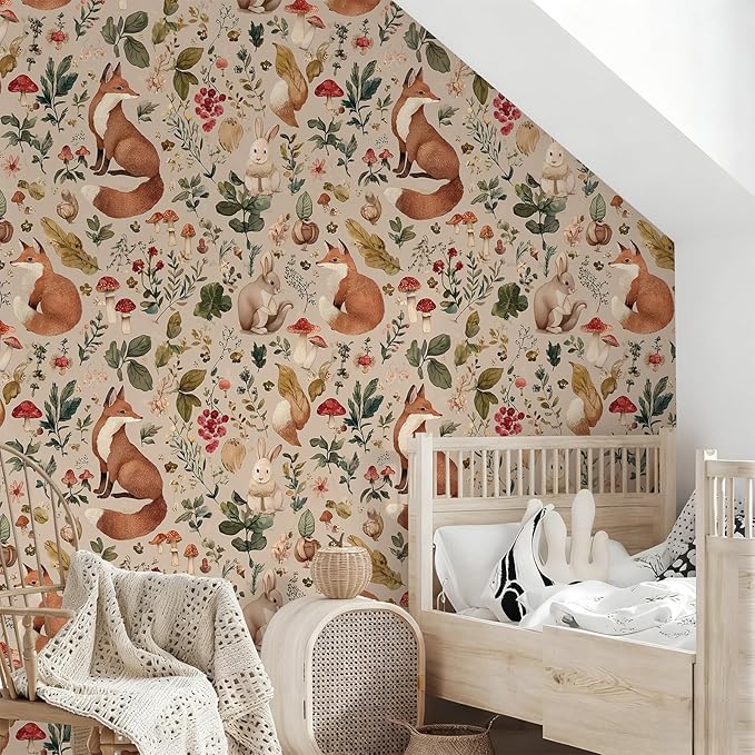 Animal Peel and Stick Contact Paper Moody Fox Rabbit Mushroom Botanical Leaf Removable Wallpaper 17.7" x 236.22" Wall Paper Watercolor Self Adhesive for classroom Bedroom laundry room bathroom