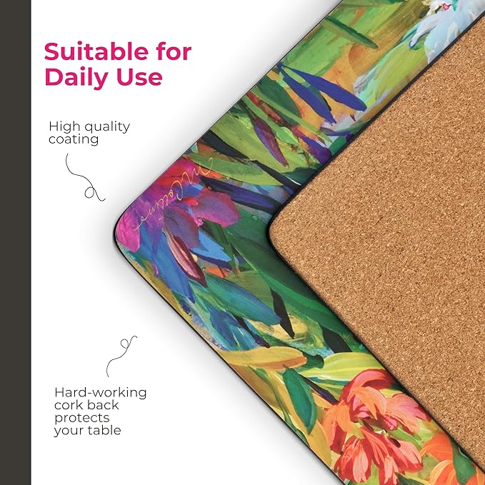 Pimpernel Floral Collection Dining Set – (15.7" x 11.7") Placemats & Coasters Featuring Colorful Botanical Art Prints, Heat & Stain Resistant Cork-Backed Boards with Lacquer Surface Protection