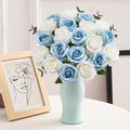 20PCS Artificial Roses with Long Stems - Realistic Silk Flowers, Fake Roses Real Touch Bouquet Roses for Home Decor, Bridal Wedding Table Centerpieces, Faux Rose Flowers (White&Sky Blue)