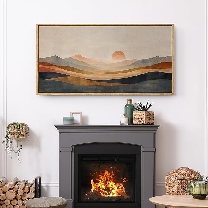 SIGNFORD Extra Large Framed Canvas Print Wall Art Serene Mountain Landscape with Warm Illustrations Modern Art Calm Warm for Living Room, Bedroom, Office - 60"x30"
