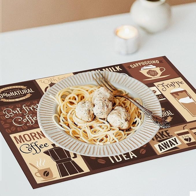 Coffee Table Placemats Set, Hot Mocha Latte Milk Typography on Scribble Backdrop, Set for Dining Table Decor 6 PCS, Cafe-2